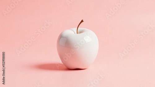 A single white apple with a brown stem on a light pink background studio shot