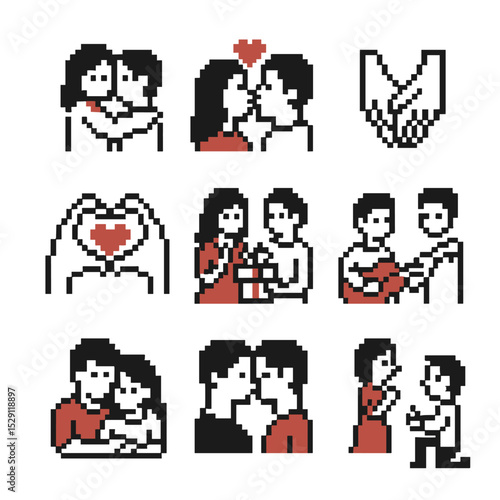 Love Gestures Icons. Pixel art icon set of love gestures: hug, kiss, holding hands, heart hands gesture, surprise gift, serenade,