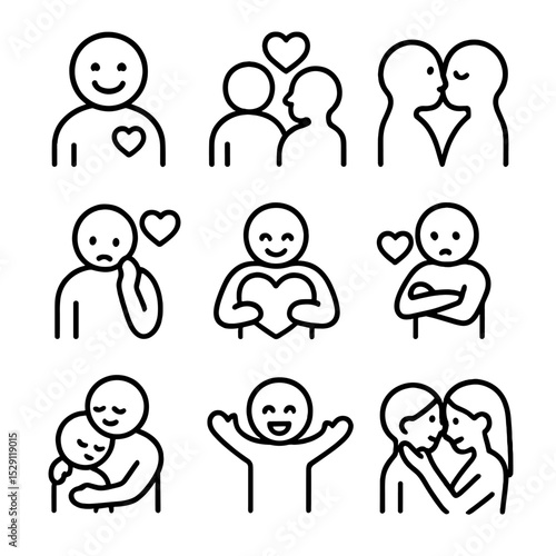Outline Love Icons. Outline icon set of love emotions: happiness, affection, passion, longing, jealousy, comfort, trust,