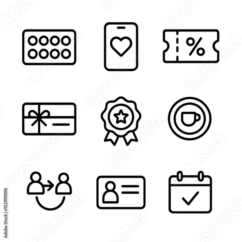 Loyalty Program Icons. Outline icon set of loyalty program elements: stamp card, mobile app icon, discount coupon, gift voucher,