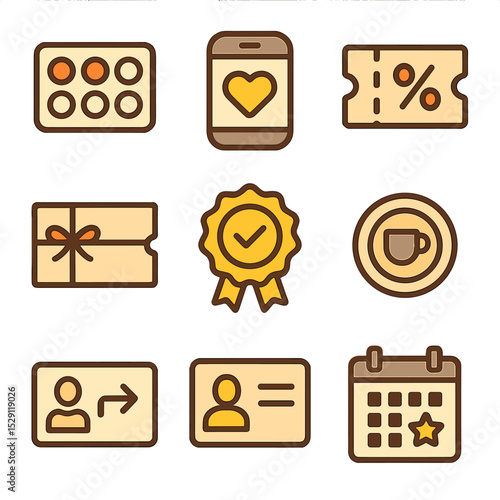Loyalty Program Icons. Flat icon set of loyalty program elements: stamp card, mobile app icon, discount coupon, gift voucher,