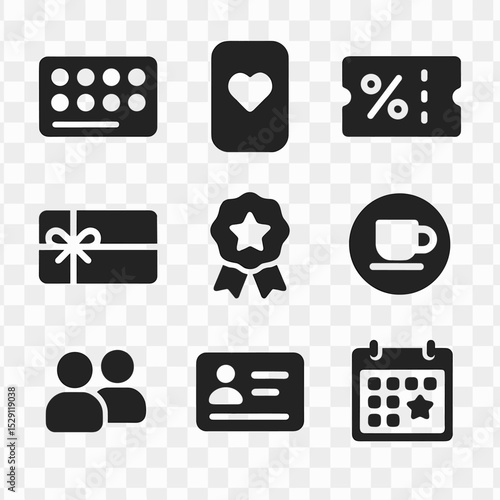 Loyalty Program Icons. Solid, Filled icon set of loyalty program elements: stamp card, mobile app icon, discount coupon, gift