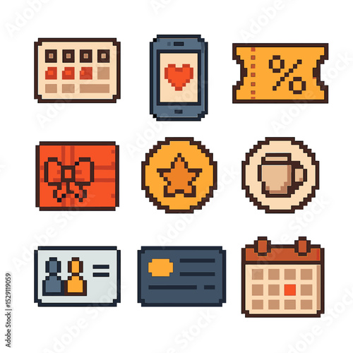 Loyalty Program Icons. Pixel art icon set of loyalty program elements: stamp card, mobile app icon, discount coupon, gift voucher,