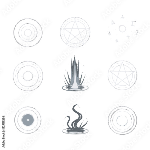 Magic Circle Icons. Flat icon set of summoning circle: arcane glyphs, runic circle, floating symbols, magic seal, energy pulse,