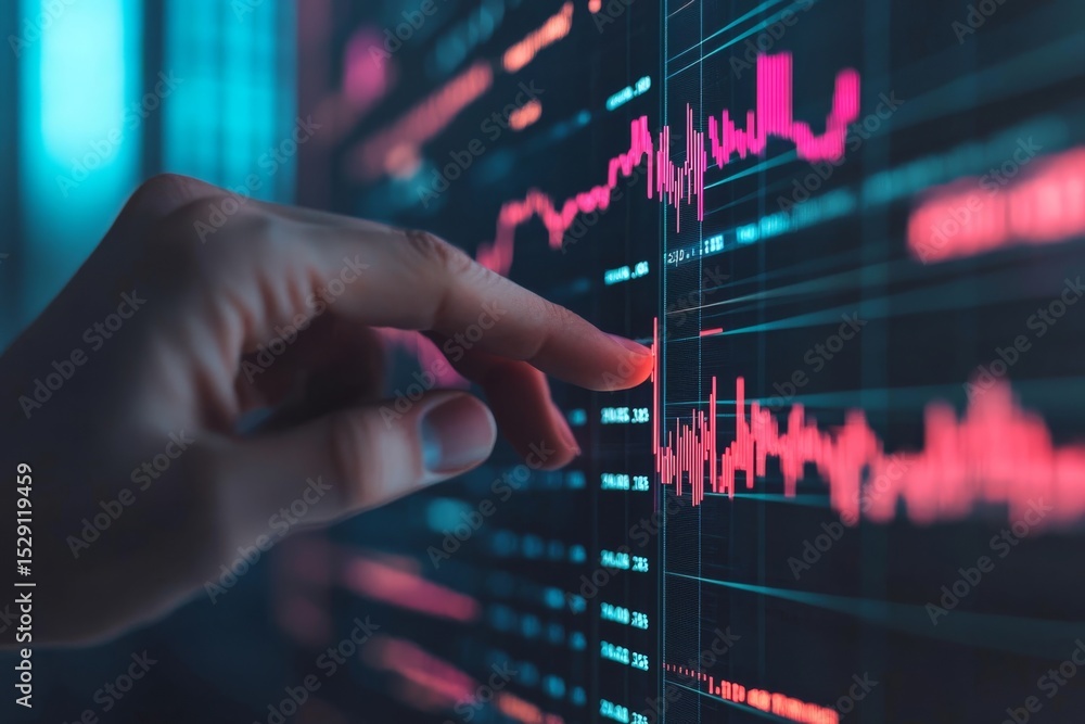 A hand interacts with a digital screen displaying colorful stock market charts and financial data in a dark setting. A hand interacts with a digital screen displaying colorful stock market charts and financial data in a dark setting.