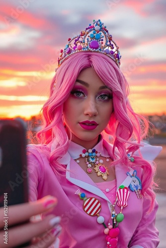 Pink Hair, Crown, and Candy-Themed Costume A Stunning Sunset Selfie