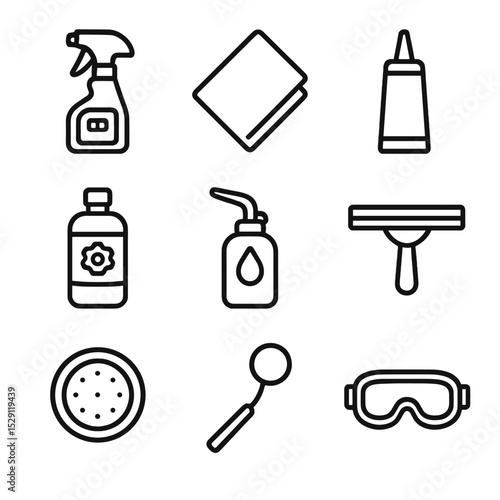Maintenance Tools Icons. Outline icon set of maintenance items: glass cleaner, microfiber cloth, sealant tube, rust remover,