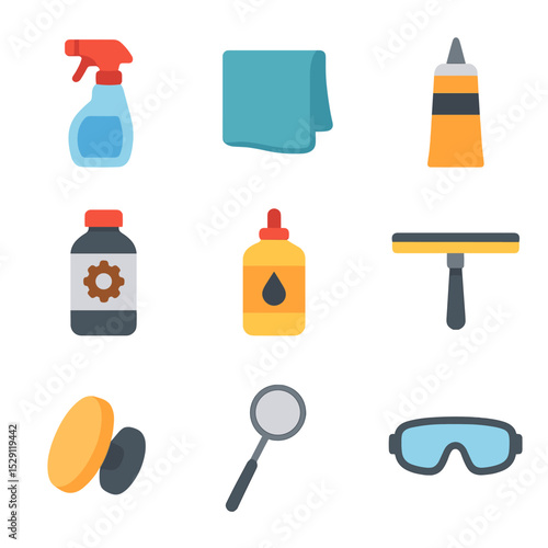 Maintenance Tools Icons. Flat icon set of maintenance items: glass cleaner, microfiber cloth, sealant tube, rust remover,