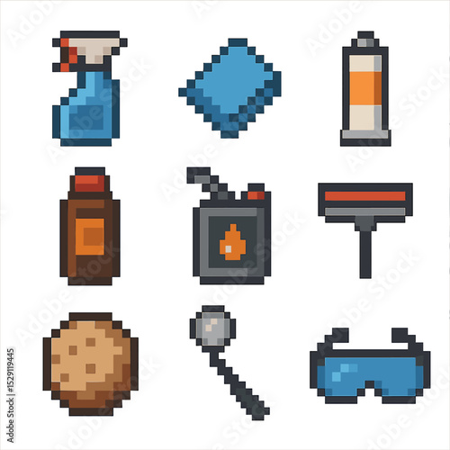 Maintenance Icon Set. Pixel art icon set of maintenance items: glass cleaner, microfiber cloth, sealant tube, rust remover,