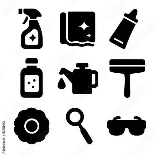 Maintenance Tools Icons. Solid, Filled icon set of maintenance items: glass cleaner, microfiber cloth, sealant tube, rust remover,