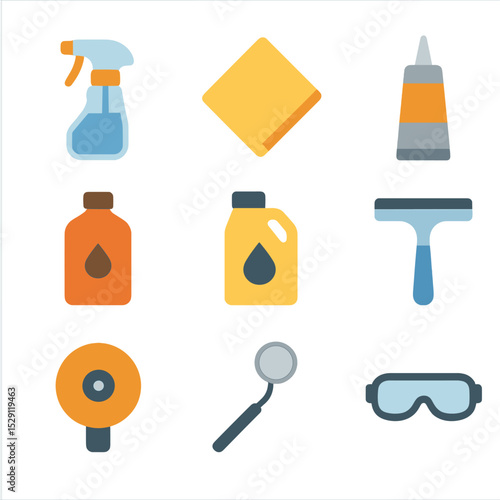 Maintenance Tools Icons. Flat icon set of maintenance items: glass cleaner, microfiber cloth, sealant tube, rust remover,