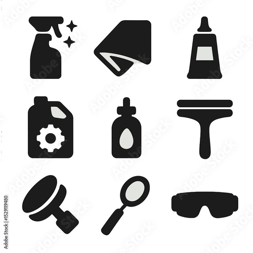 Maintenance Tools Icons. Solid, Filled icon set of maintenance items: glass cleaner, microfiber cloth, sealant tube, rust remover,