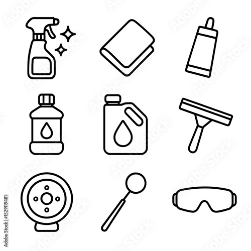 Maintenance Tools Icons. Outline icon set of maintenance items: glass cleaner, microfiber cloth, sealant tube, rust remover,