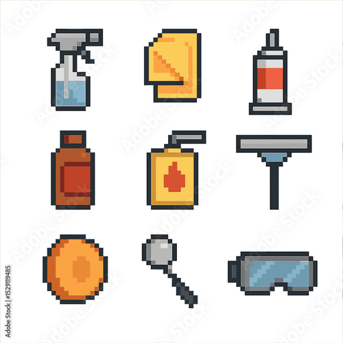 Maintenance Icon Set. Pixel art icon set of maintenance items: glass cleaner, microfiber cloth, sealant tube, rust remover,