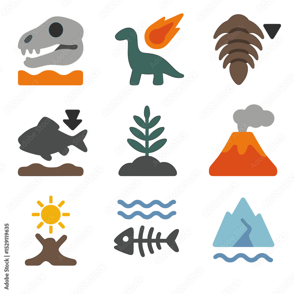 Naklejka premium Mass Extinction Icons. Flat icon set of mass extinction events: permian-triassic, cretaceous-paleogene, ordovician-silurian, late