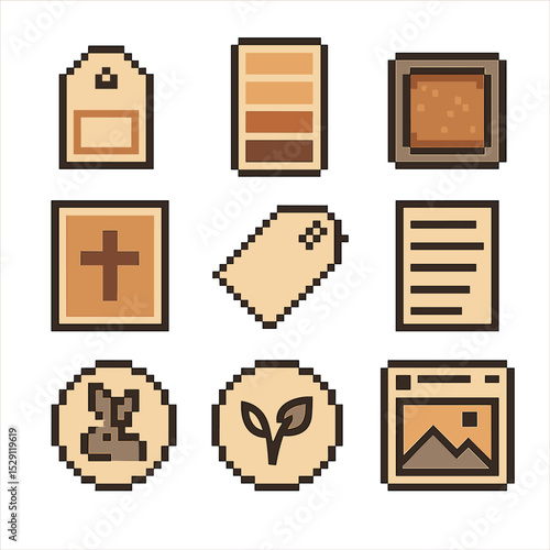 Marketing Icon Set. Pixel art icon set of marketing elements: product label, shade swatch, tester pan, promotional poster, price
