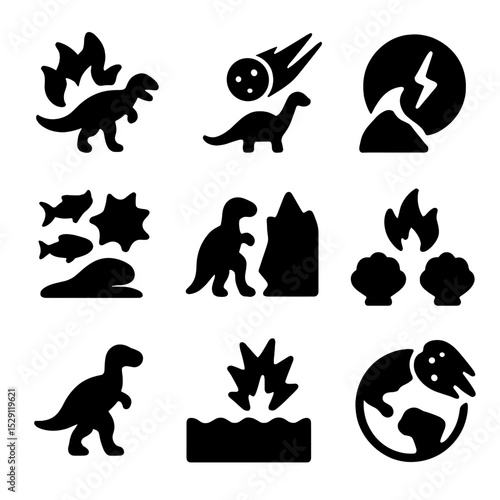 Mass Extinction Icons. Solid, Filled icon set of mass extinction events: permian-triassic, cretaceous-paleogene,