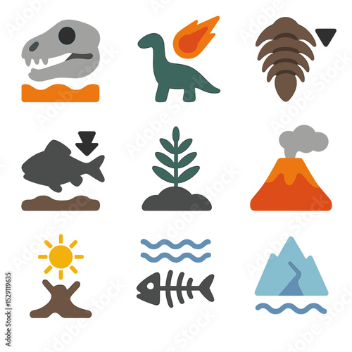 Mass Extinction Icons. Flat icon set of mass extinction events: permian-triassic, cretaceous-paleogene, ordovician-silurian, late