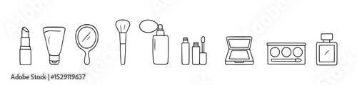 makeup, items, lipstick, foundation, hand mirror, makeup brush, perfume bottle with an atomizer bulb, lip gloss, blush, eye shadow palette, perfume, vector, illustration