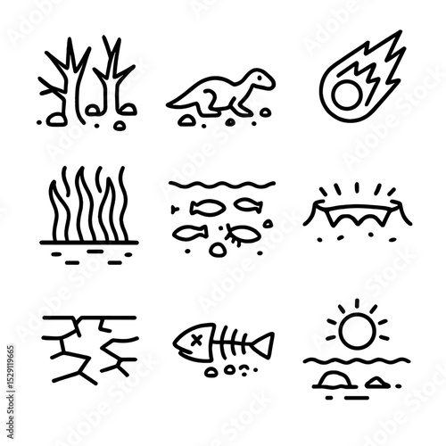 Mass Extinction Icons Grid. Outline icon set of mass extinction events: permian-triassic, cretaceous-paleogene,