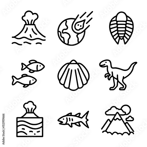 Mass Extinction Icons Grid. Outline icon set of mass extinction events: permian-triassic, cretaceous-paleogene,