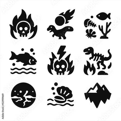 Mass Extinction Icons. Solid, Filled icon set of mass extinction events: permian-triassic, cretaceous-paleogene,
