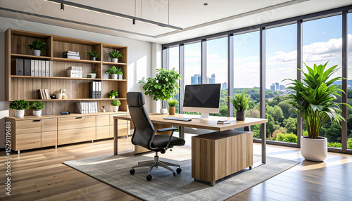 Professional office desk setup with desktop computer, plant, motivational quotes, and neat stationery, cozy productivity space