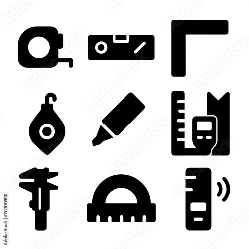 Measurement Tools Icons. Solid, Filled icon set of measurement and marking tools: tape measure, spirit level, angle finder, chalk