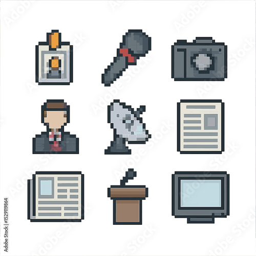 Media Icons Grid. Pixel art icon set of media relations: press pass, microphone, camera, news anchor, satellite dish, press
