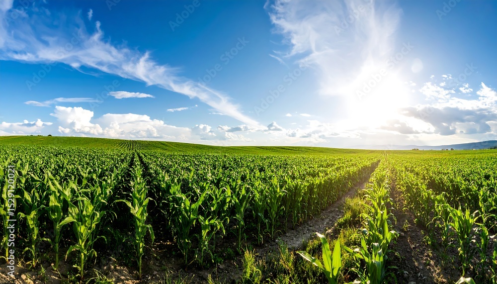 Expansive panoramic view of a vibrant green cornfield under a bright blue sky with scattered clouds. Expansive panoramic view of a vibrant green cornfield under a bright blue sky with scattered clouds.