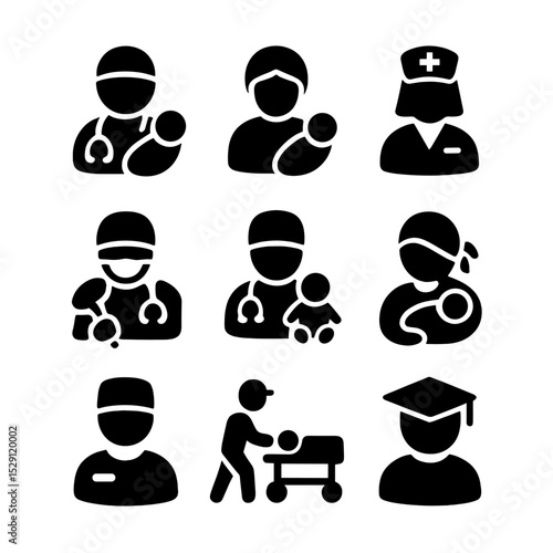 Medical Staff Icons. Solid, Filled icon set of delivery staff roles: obstetrician, midwife, nurse, anesthesiologist, pediatrician,