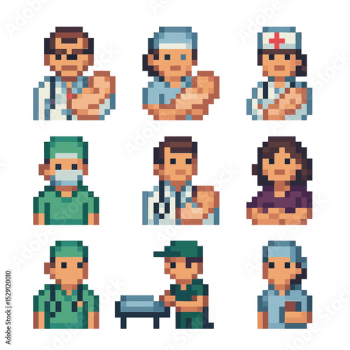 Medical Staff Pixel Icons. Pixel art icon set of delivery staff roles: obstetrician, midwife, nurse, anesthesiologist,