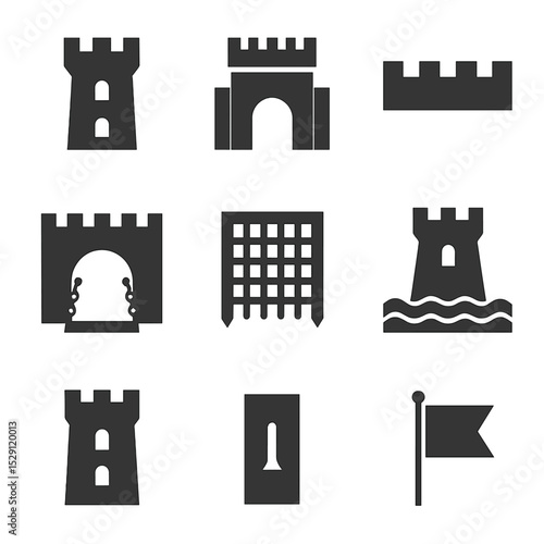 Medieval Castle Icons. Flat icon set of medieval castle features: tower, gatehouse, battlement, drawbridge, moat, portcullis, keep