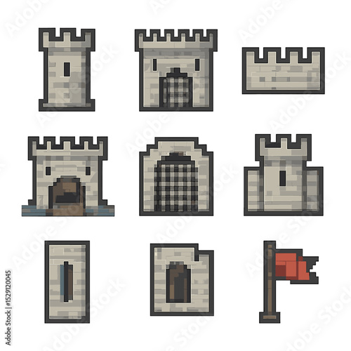 Medieval Castle Icons. Pixel art icon set of medieval castle features: tower, gatehouse, battlement, drawbridge, moat, portcullis,