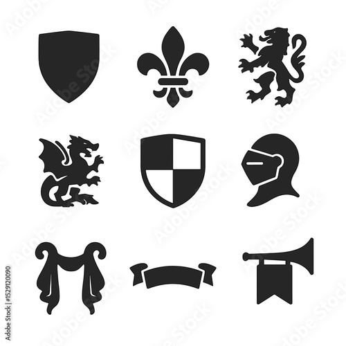 Medieval Heraldry Icons. Solid, Filled icon set of medieval heraldry: coat of arms, fleur-de-lis, lion rampant, dragon emblem,