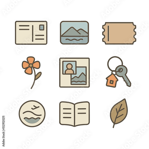Memory Keepsakes Icons. Flat icon set of memory keepsakes and souvenirs: postcard, souvenir magnet, ticket stub, pressed flower,