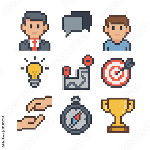 Mentorship Icon Set. Pixel art icon set of mentorship & coaching: mentor figure, mentee figure, speech bubbles, light bulb,