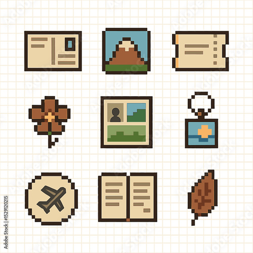 Memory Keepsakes Grid. Pixel art icon set of memory keepsakes and souvenirs: postcard, souvenir magnet, ticket stub, pressed