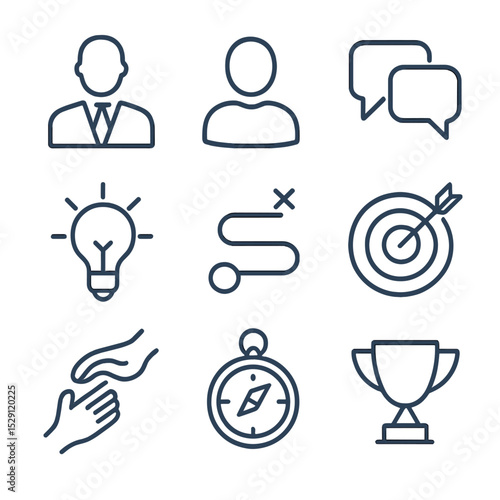 Mentorship Icon Set. Outline icon set of mentorship & coaching: mentor figure, mentee figure, speech bubbles, light bulb, roadmap,