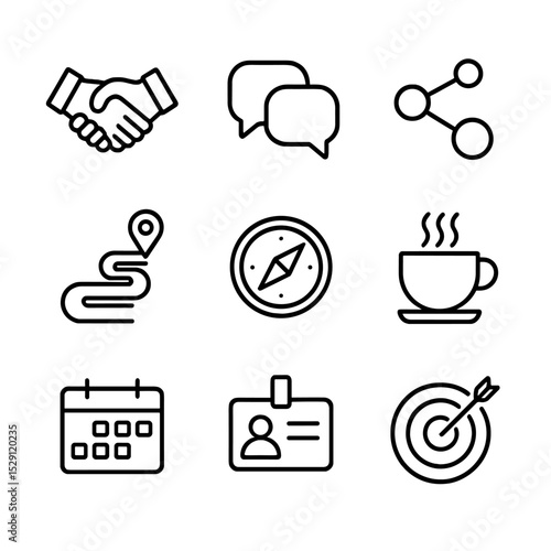 Mentorship Icons Set. Outline icon set of mentorship & networking: handshake, speech bubbles, network nodes, roadmap, compass,