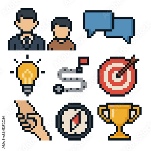 Mentorship Icon Set. Pixel art icon set of mentorship & coaching: mentor figure, mentee figure, speech bubbles, light bulb,