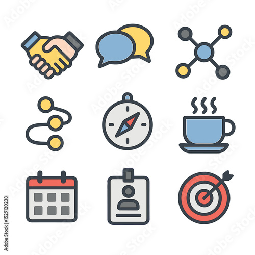 Mentorship Icon Set. Flat icon set of mentorship & networking: handshake, speech bubbles, network nodes, roadmap, compass, coffee