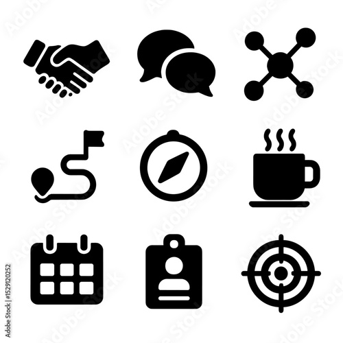 Mentorship Icon Set. Solid, Filled icon set of mentorship & networking: handshake, speech bubbles, network nodes, roadmap, compass