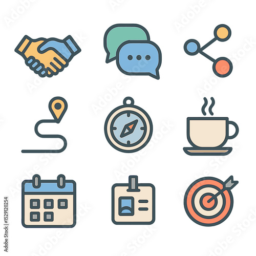 Mentorship Icon Set. Flat icon set of mentorship & networking: handshake, speech bubbles, network nodes, roadmap, compass, coffee
