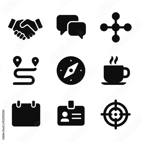 Mentorship Icon Set. Solid, Filled icon set of mentorship & networking: handshake, speech bubbles, network nodes, roadmap, compass
