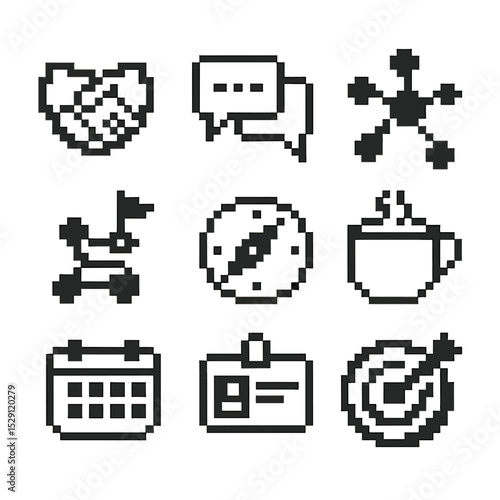 Mentorship Icon Set. Pixel art icon set of mentorship & networking: handshake, speech bubbles, network nodes, roadmap, compass,