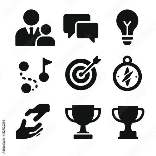 Mentorship Icons Grid. Solid, Filled icon set of mentorship & coaching: mentor figure, mentee figure, speech bubbles, light bulb,