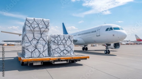 Cargo Airplane Unloading Shipment at Airport with Clear Blue Sky
