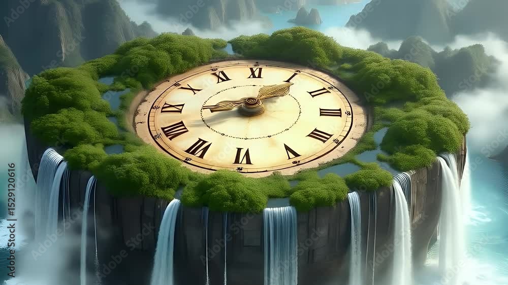 Floating island with an ancient clock face embedded in the land, waterfalls flowing backward and time swirling above in clouds of stardust.