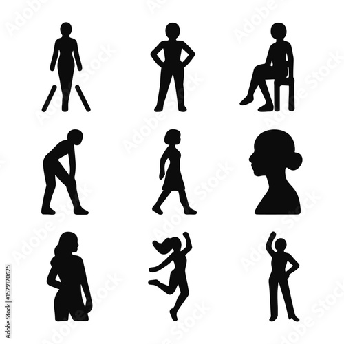 Model Poses Icon Set. Solid, Filled icon set of model poses: runway walk, hands on hips, seated pose, leaning pose, walking